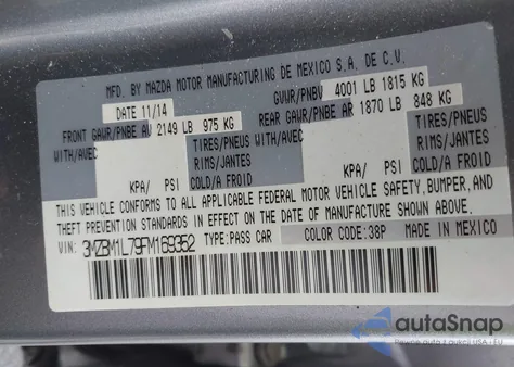 2015 Mazda Mazda3 I Touring из США, поврежденный, VIN 3MZBM1L79FM169352